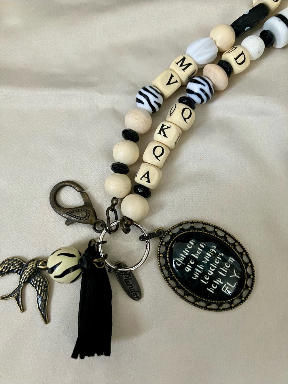Teacher Gift:Plunder Black & Ivory Beaded Necklace Charm with Tassel and Pendant